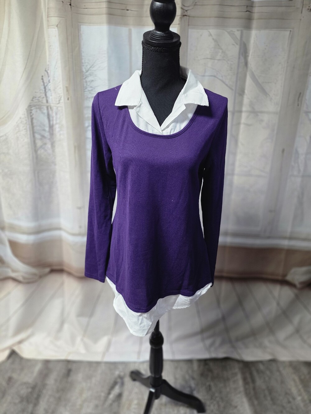 Kohl's Purple Layered-Look Long Sleeve Top with White Collar